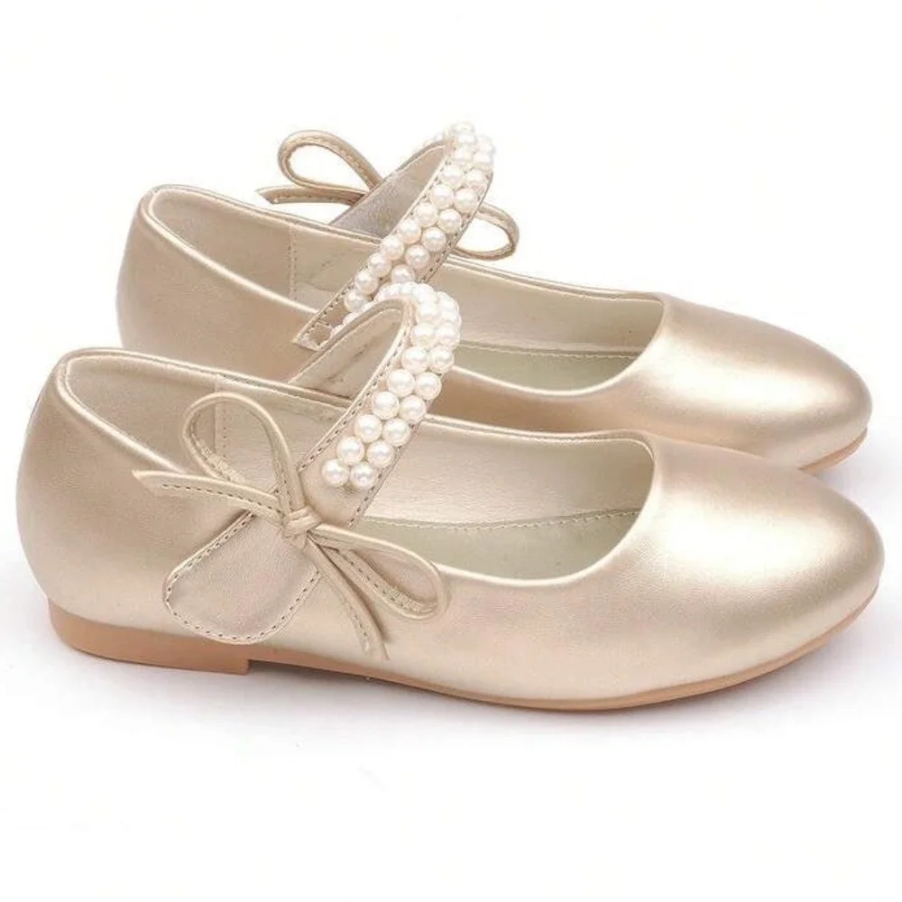 Caiwenniao Girls Gold Pearl Mary Jane Flats Dress Shoes Bow EUR 29 US 12 NEW